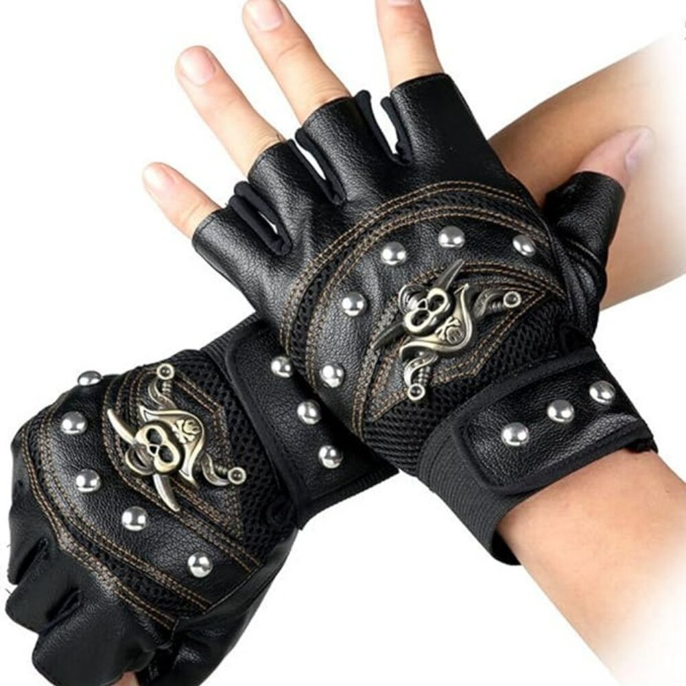 Steampunk Goth Gloves Mens‎ Genuine Leather Skull Captain Gothic Motorcycle Punk